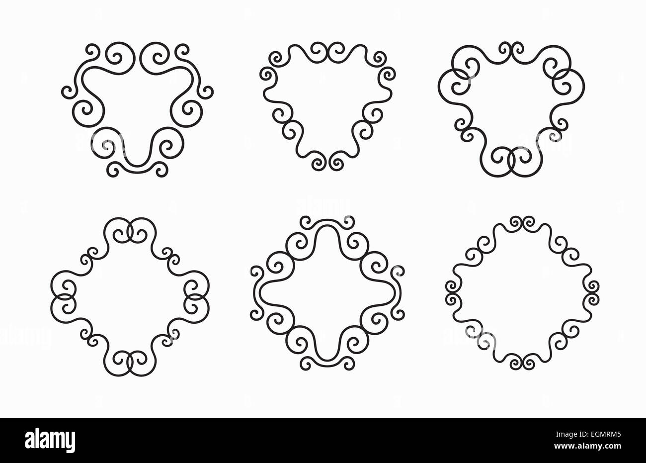 Set of Elegant Vector Black Twirl Calligraphic Line Frames on White Background Stock Photo
