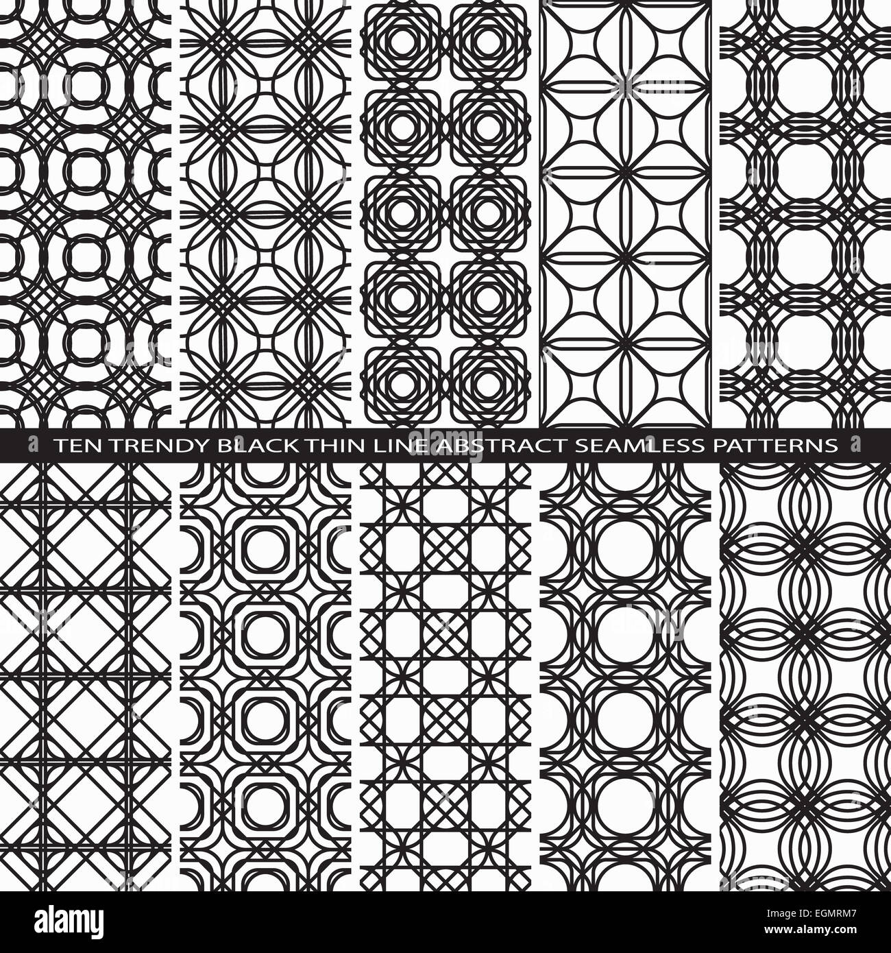 Set of Trendy Vintage Black Thin Line Seamless Pattern Backgrounds with Flower Elements All Present as Endless Texture in Swatch Panel Stock Photo