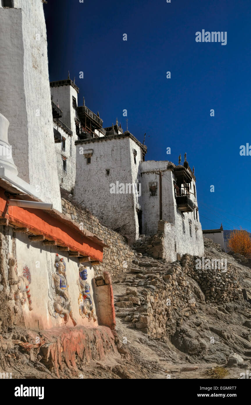 Side-view of the white buildings in Thiksey monastery, India Stock Photo