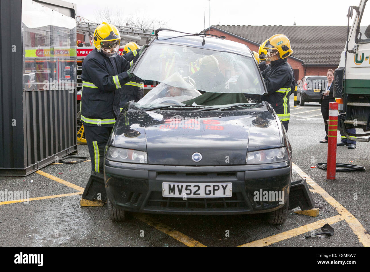 vehicle extraction training at Greater Manchester Fire and Rescue Service HQ. Stock Photo