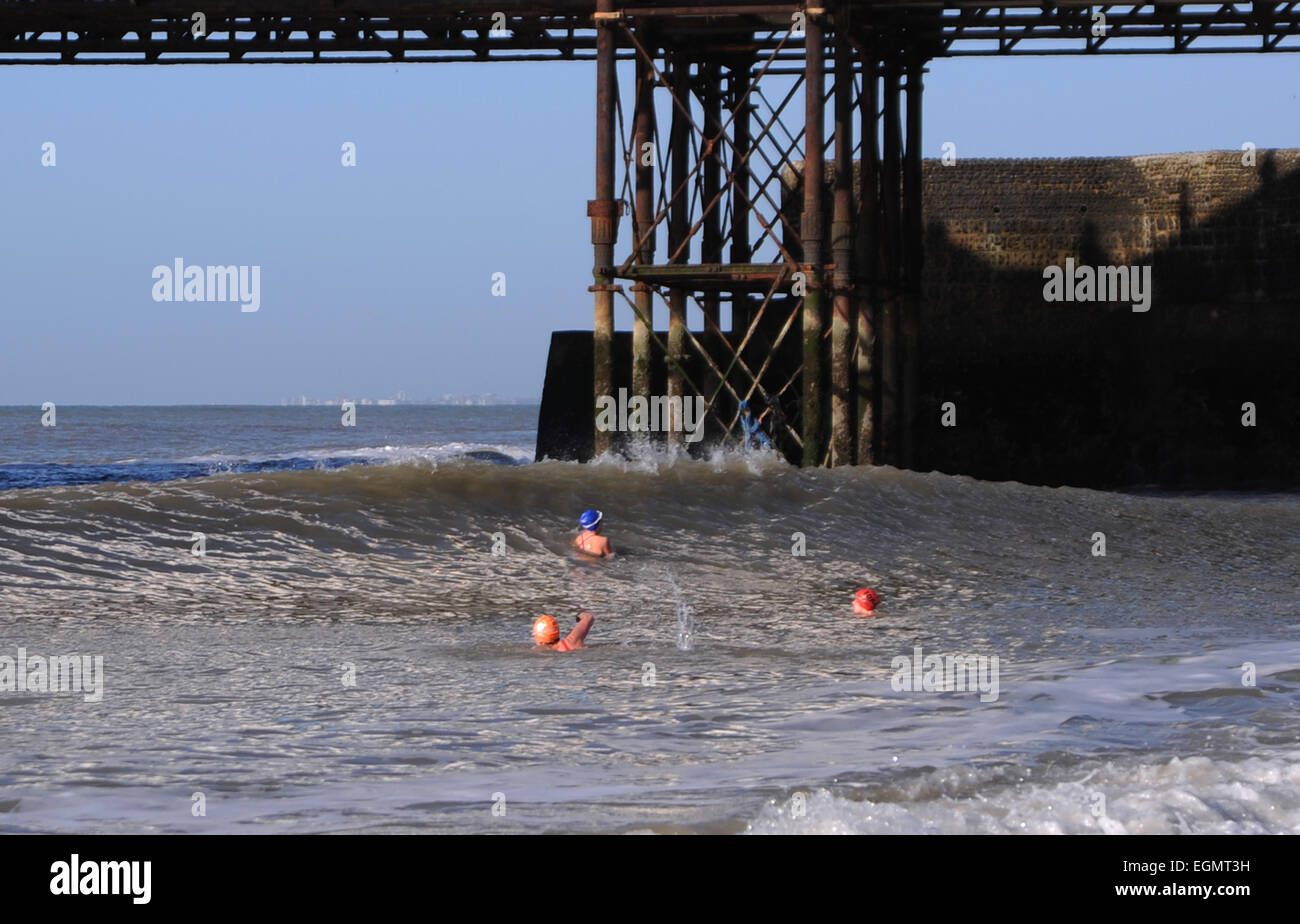 Brighton, Sussex, UK. Members of Brighton Swimming Club enjoy their daily early morning dip in the sea Stock Photo