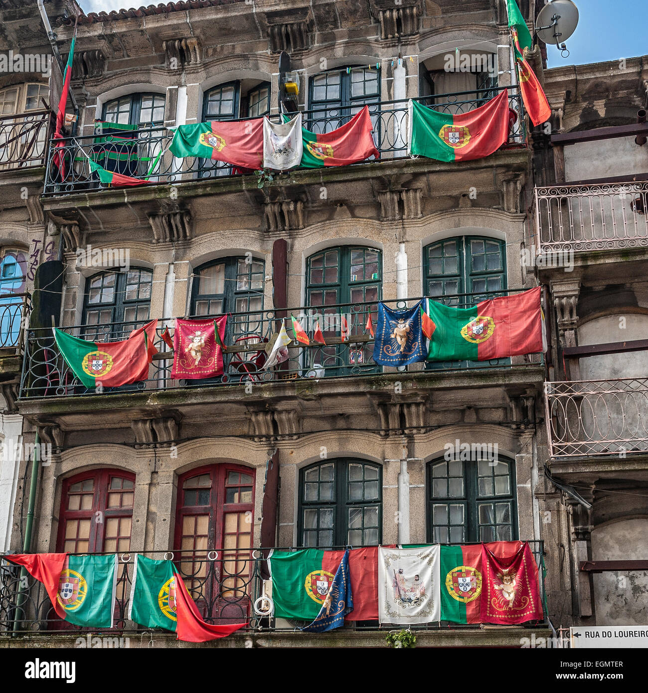 Portugal, Porto . Residential neighborhoods of the old city after the victory of FC Porto in the national championship . Stock Photo