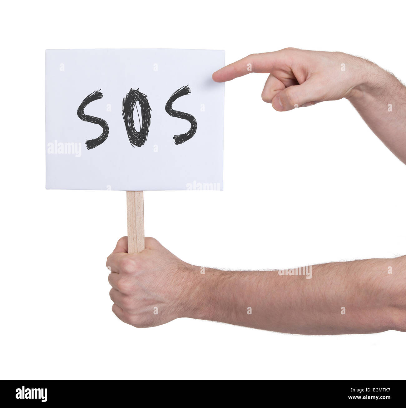 Hand holding sign, isolated on white SOS Stock Photo Alamy