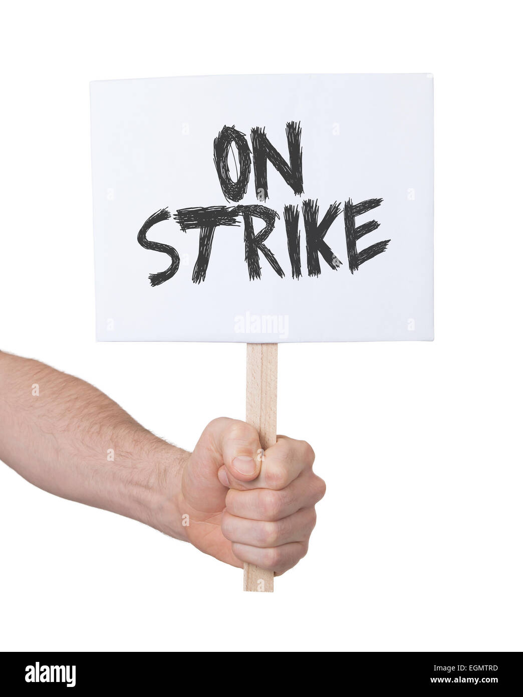 Hand holding sign, isolated on white - On strike Stock Photo