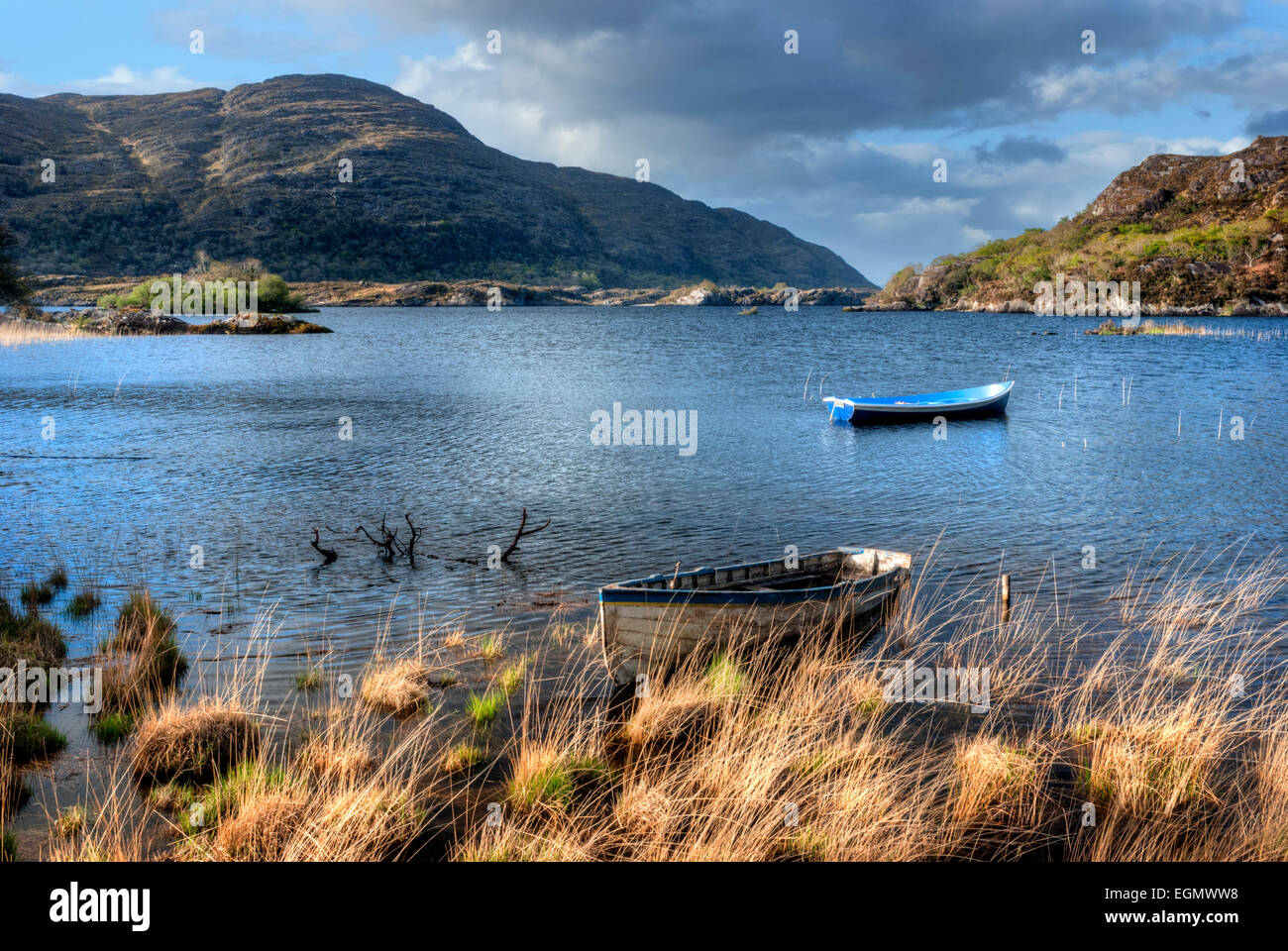 Boats on lake in Killarney National Park, Republic of Ireland, Europe Stock Photo