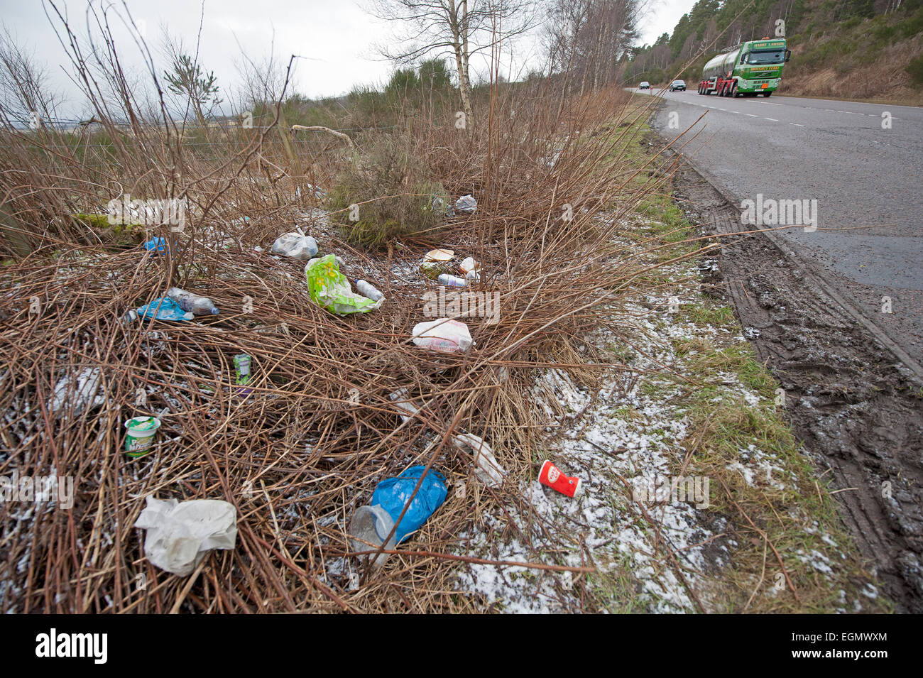 Discarded lay-by roadside litter on the A95 trunk road, so much for keep Scotland beautiful campaign.   SCO 9591. Stock Photo