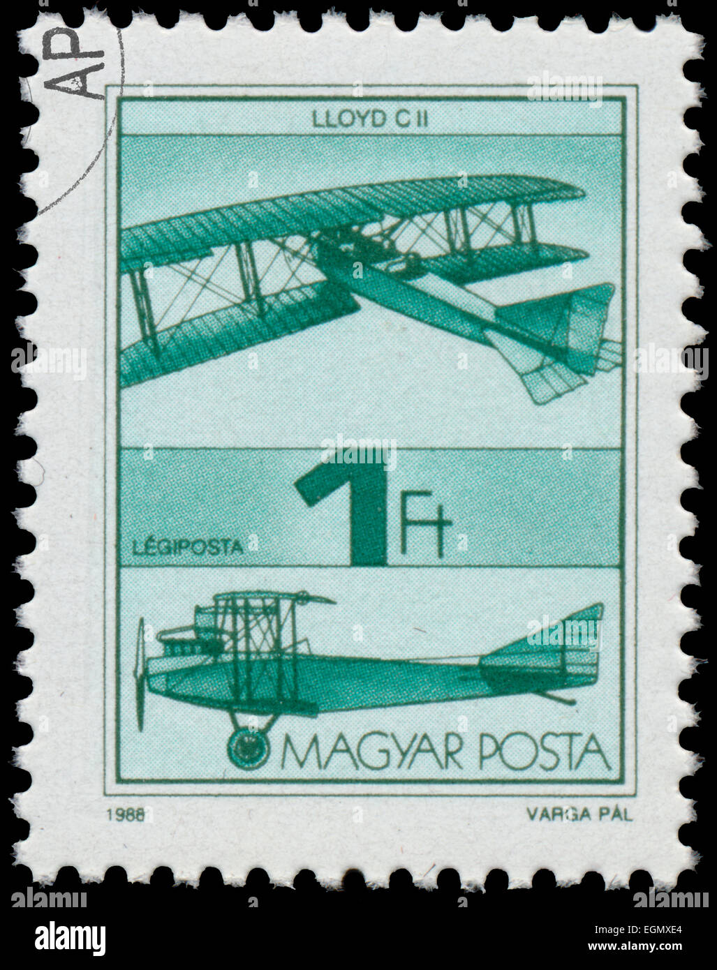 HUNGARY - CIRCA 1988 : A stamp printed in Hungary shows Old Airplane, with the inscription 'Lloyd CII', from the series Airplane Stock Photo