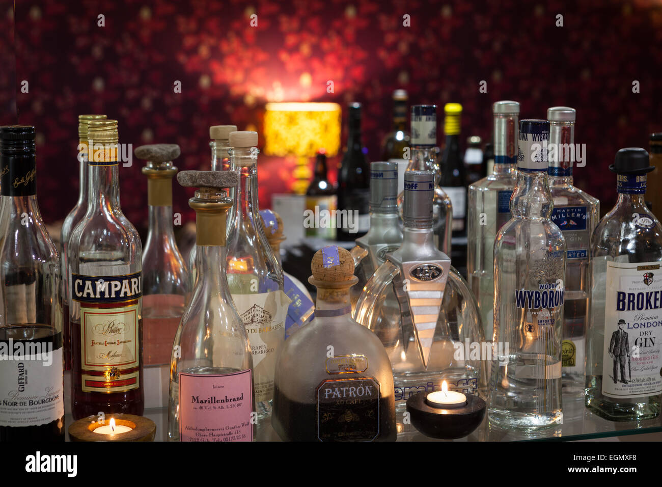 Bar stocked with spirits Stock Photo