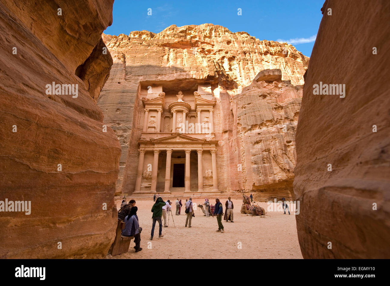 The treasury is also called Al Khazna, it is the most magnificant and famous facade in Petra Jordan Stock Photo