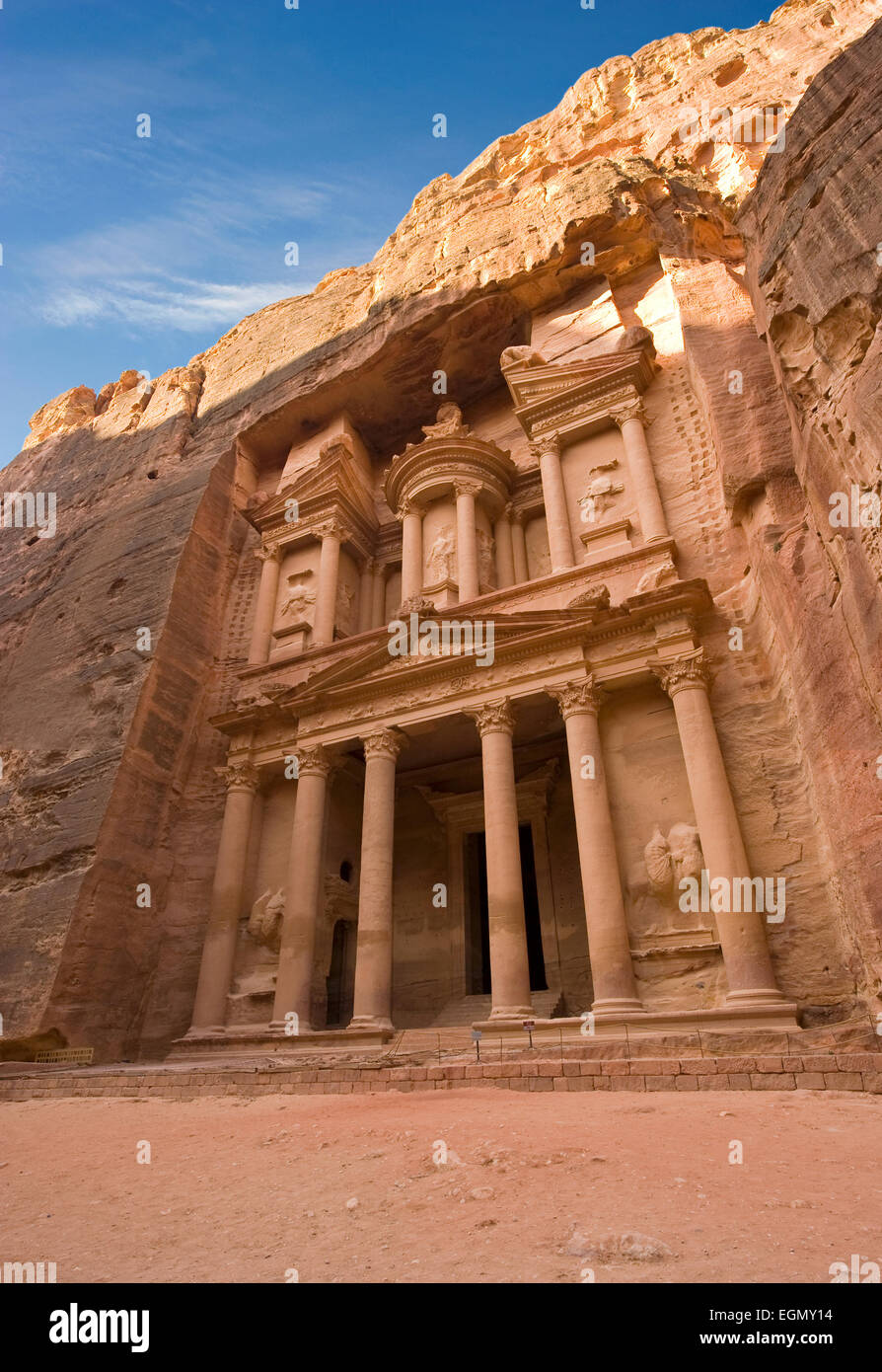 The treasury is also called Al Khazna, it is the most magnificant and famous facade in Petra Jordan Stock Photo