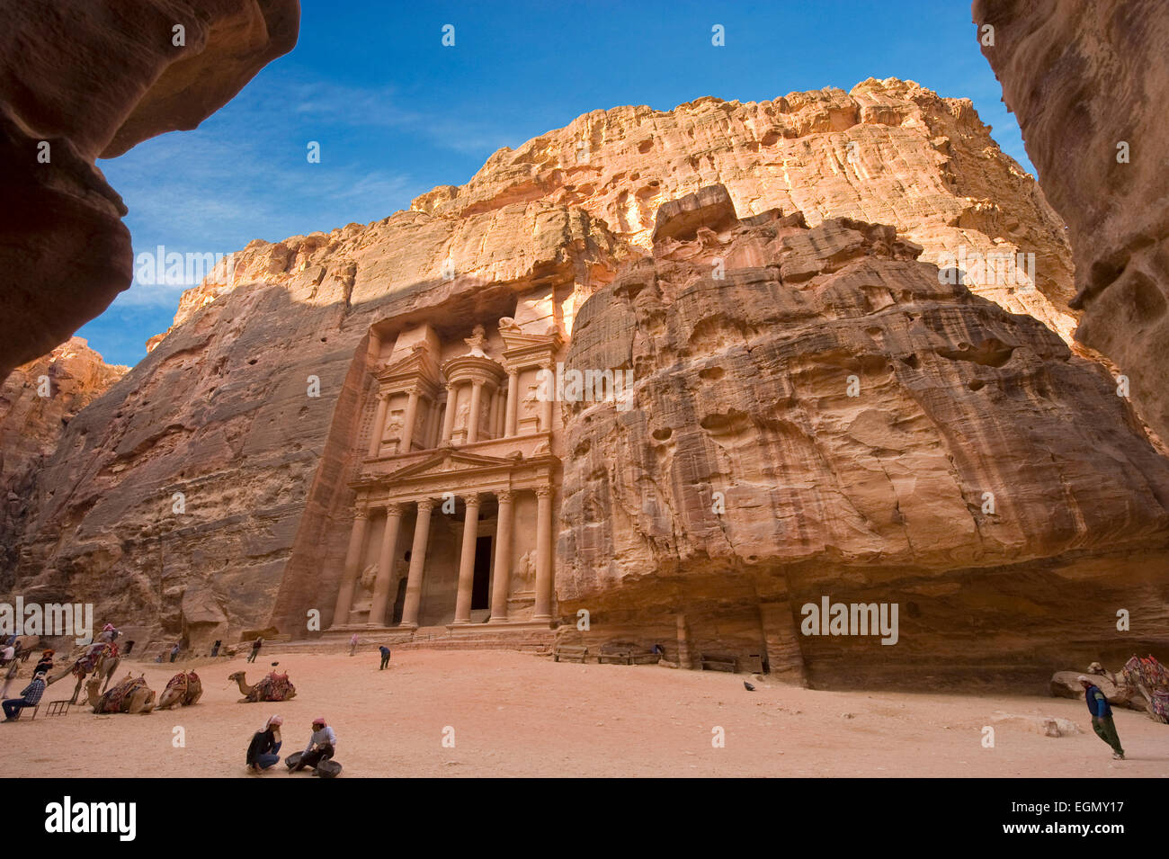 The treasury is also called Al Khazna, it is the most magnificant and famous facade in Petra Jordan Stock Photo