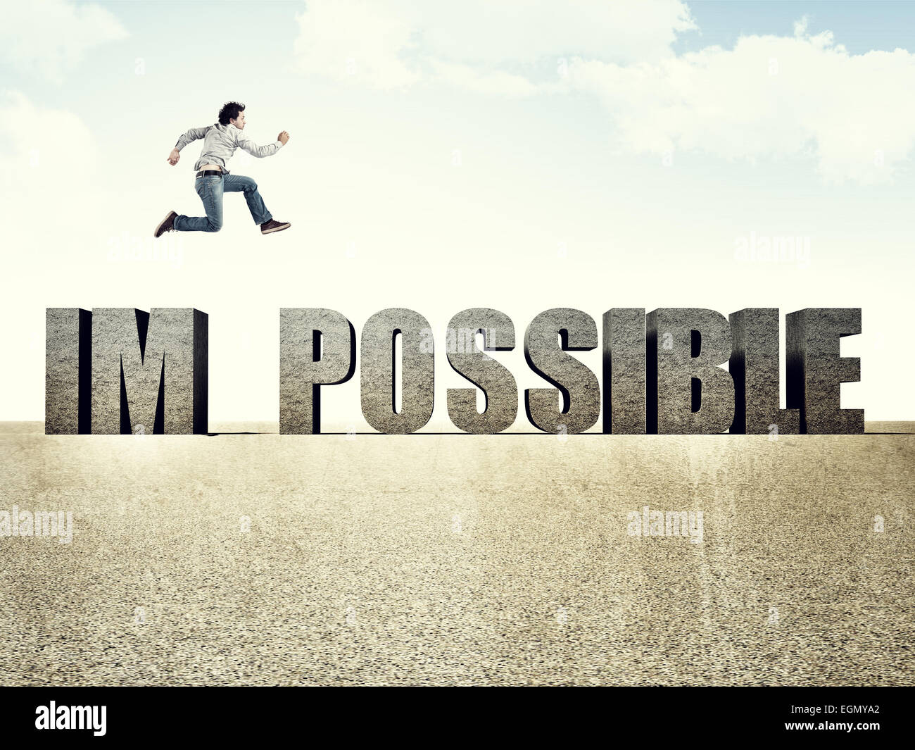 man jump over impossible 3d text Stock Photo
