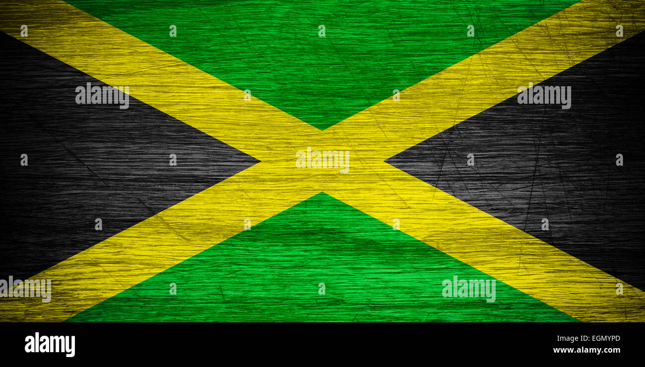 Jamaica flag or Jamaican banner on wooden texture Stock Photo