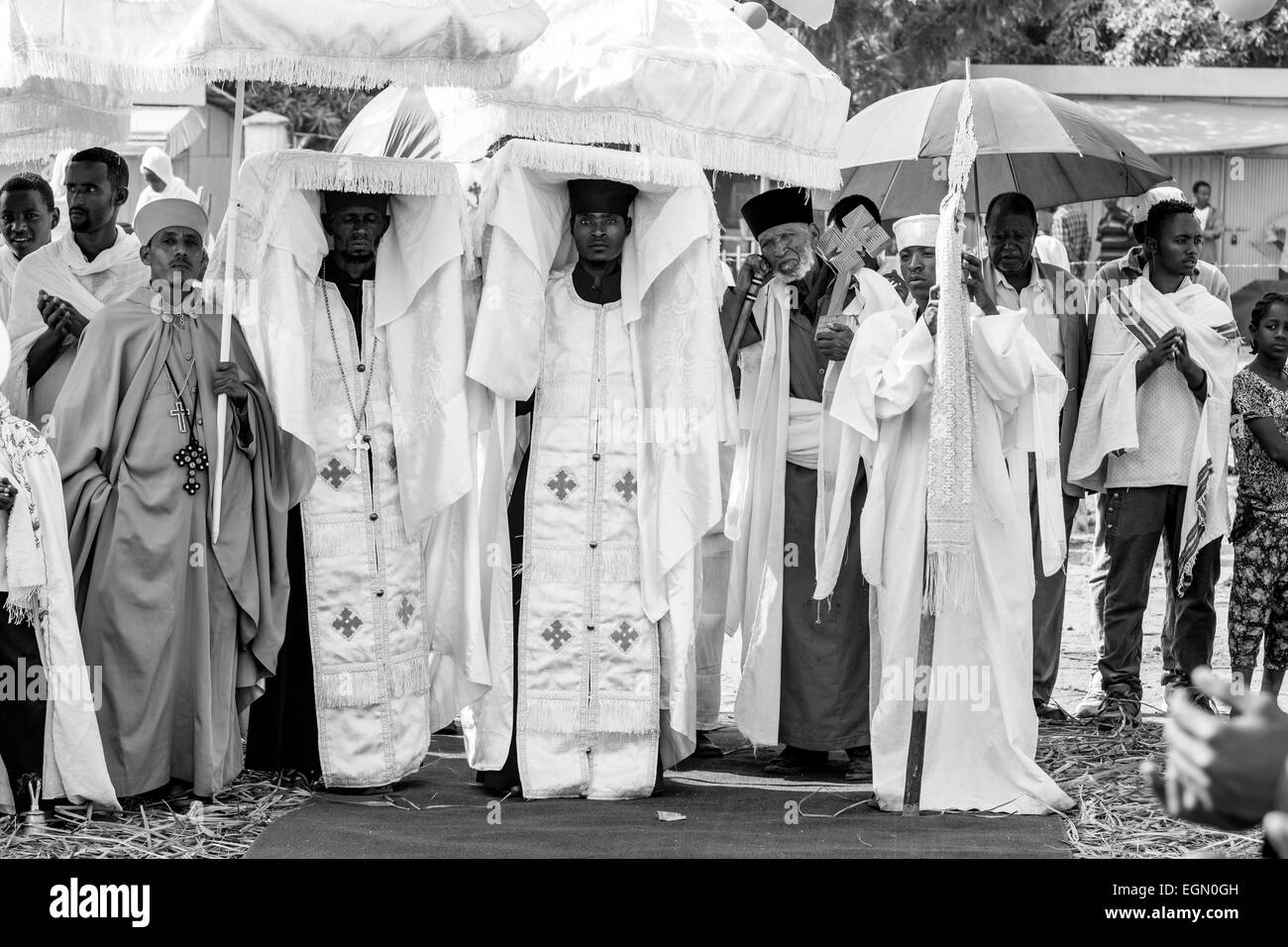 A Procession Of Orthodox Priests and Deacons During Timkat (Epiphany) Celebrations, Jinka Town, The Omo Valley, Ethiopia Stock Photo