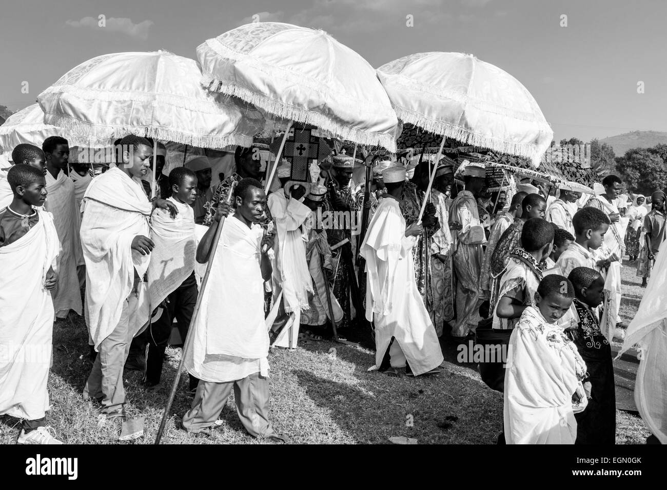 A Procession Of Orthodox Priests and Deacons During Timkat (Epiphany) Celebrations, Jinka Town, The Omo Valley, Ethiopia Stock Photo