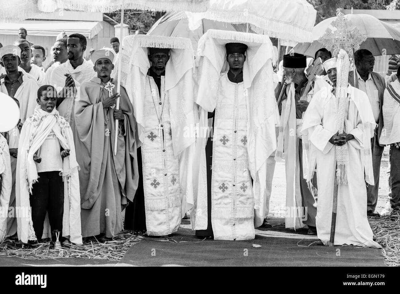 A Procession Of Orthodox Priests and Deacons During Timkat (Epiphany) Celebrations, Jinka Town, The Omo Valley, Ethiopia Stock Photo