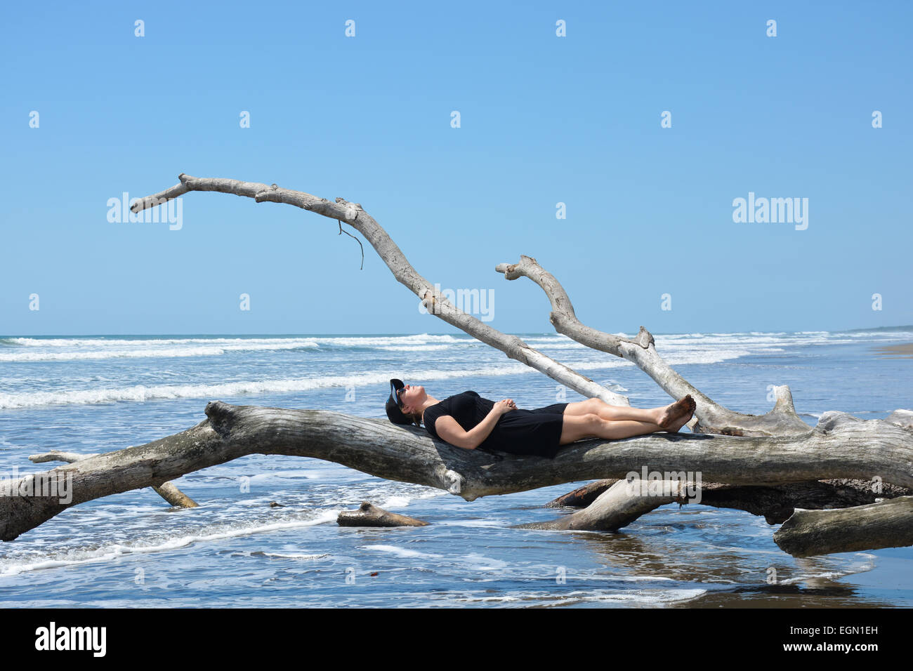 Lady sleeping on a tree on the beach Stock Photo