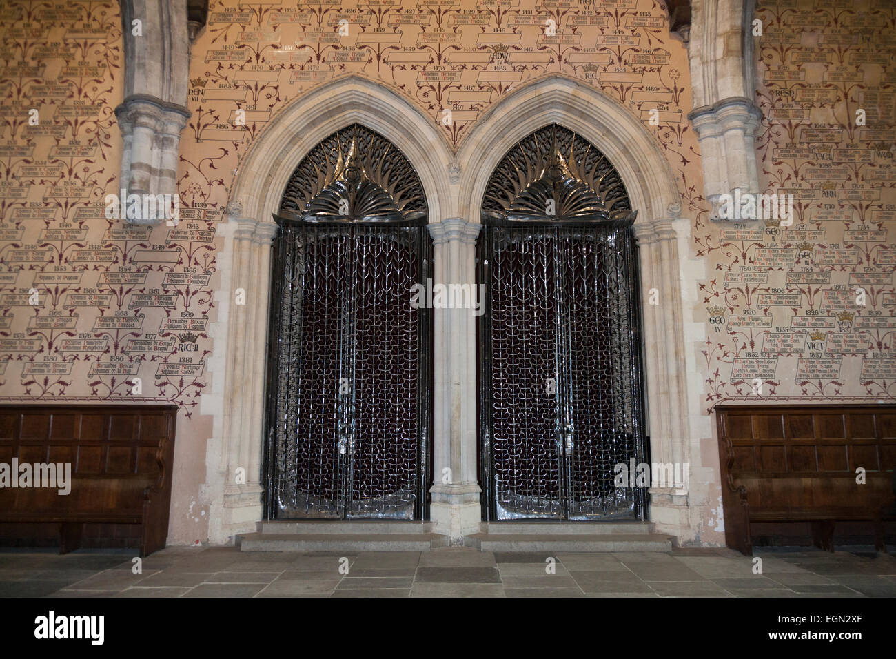 Wrought steel gate / gates to arched doors / doorways. Great Hall, Winchester Castle. Winchester, Hampshire. UK Stock Photo