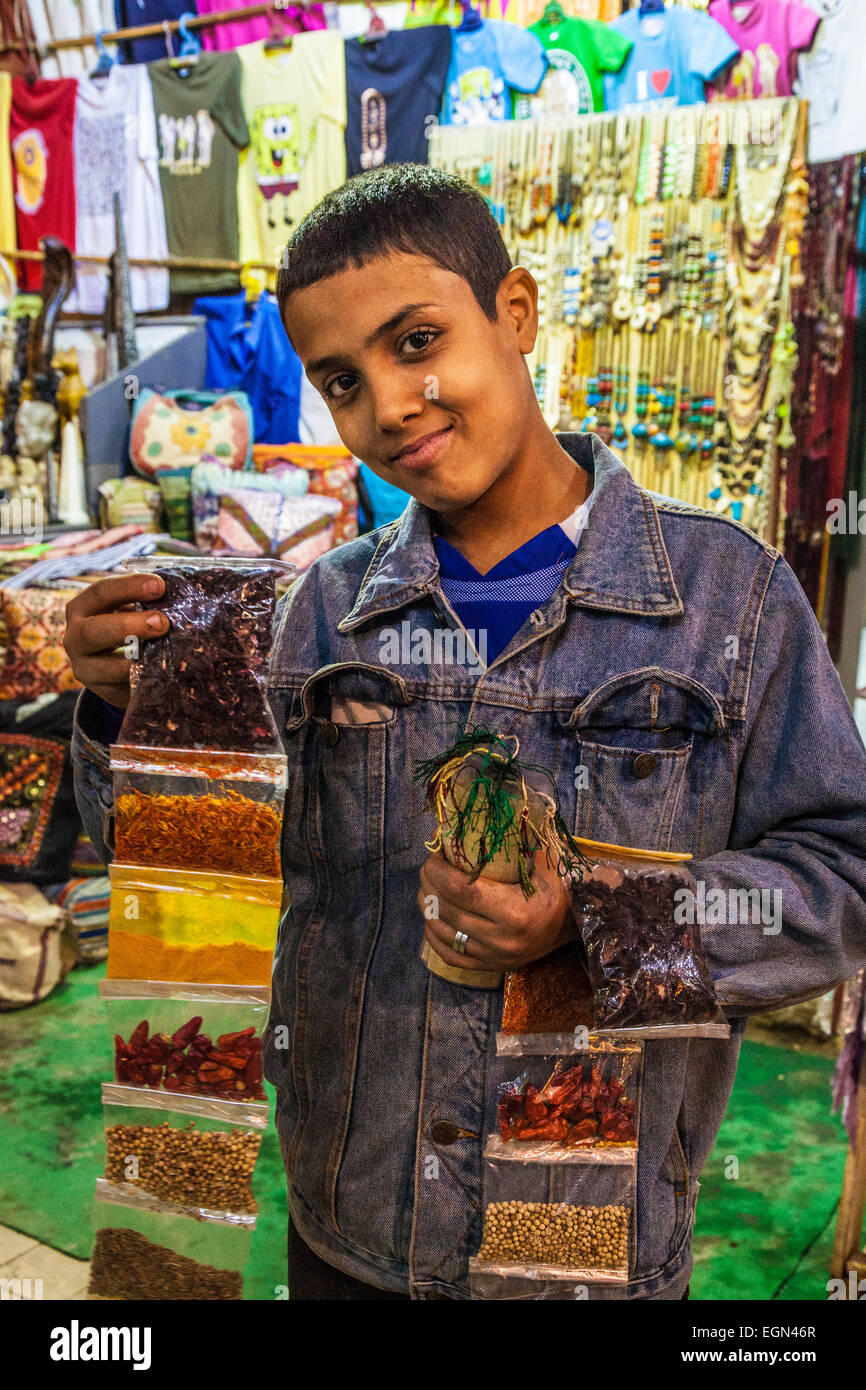 A young Egyptian boy sells spices to tourists in the market or souk in Luxor, Egypt. Stock Photo