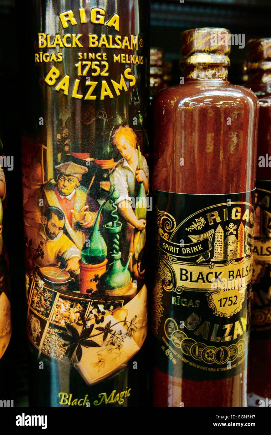 Riga Latvia. Bottles of Riga Black Balsam traditional Latvian herbal vodka liqueur on sale in Riga store Stock Photo