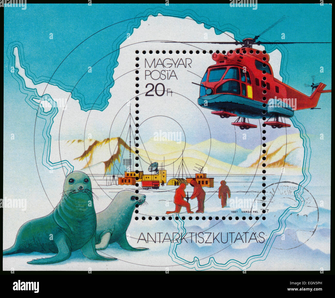 HUNGARY - CIRCA 1987: Stamp printed by Hungary, shows helicopter and seals, discovering South Pole, circa 1987 Stock Photo