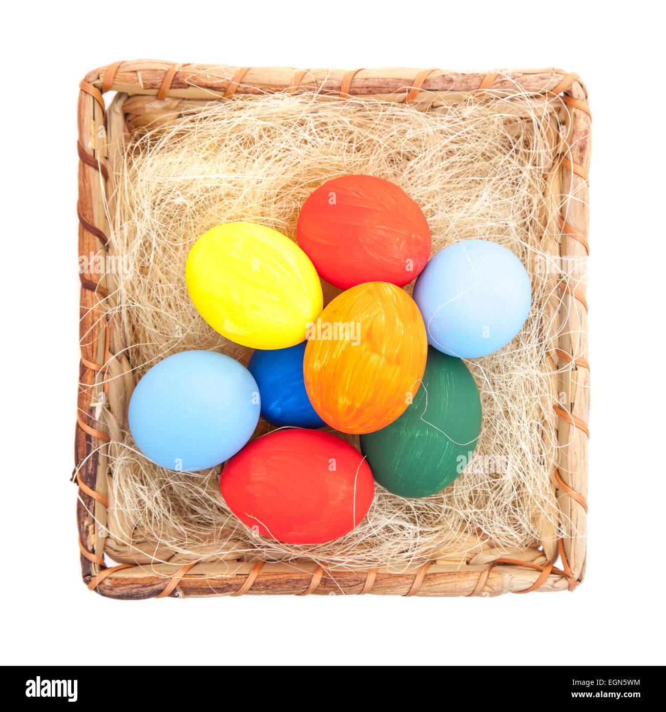 Easter eggs in basket. All on white background Stock Photo - Alamy