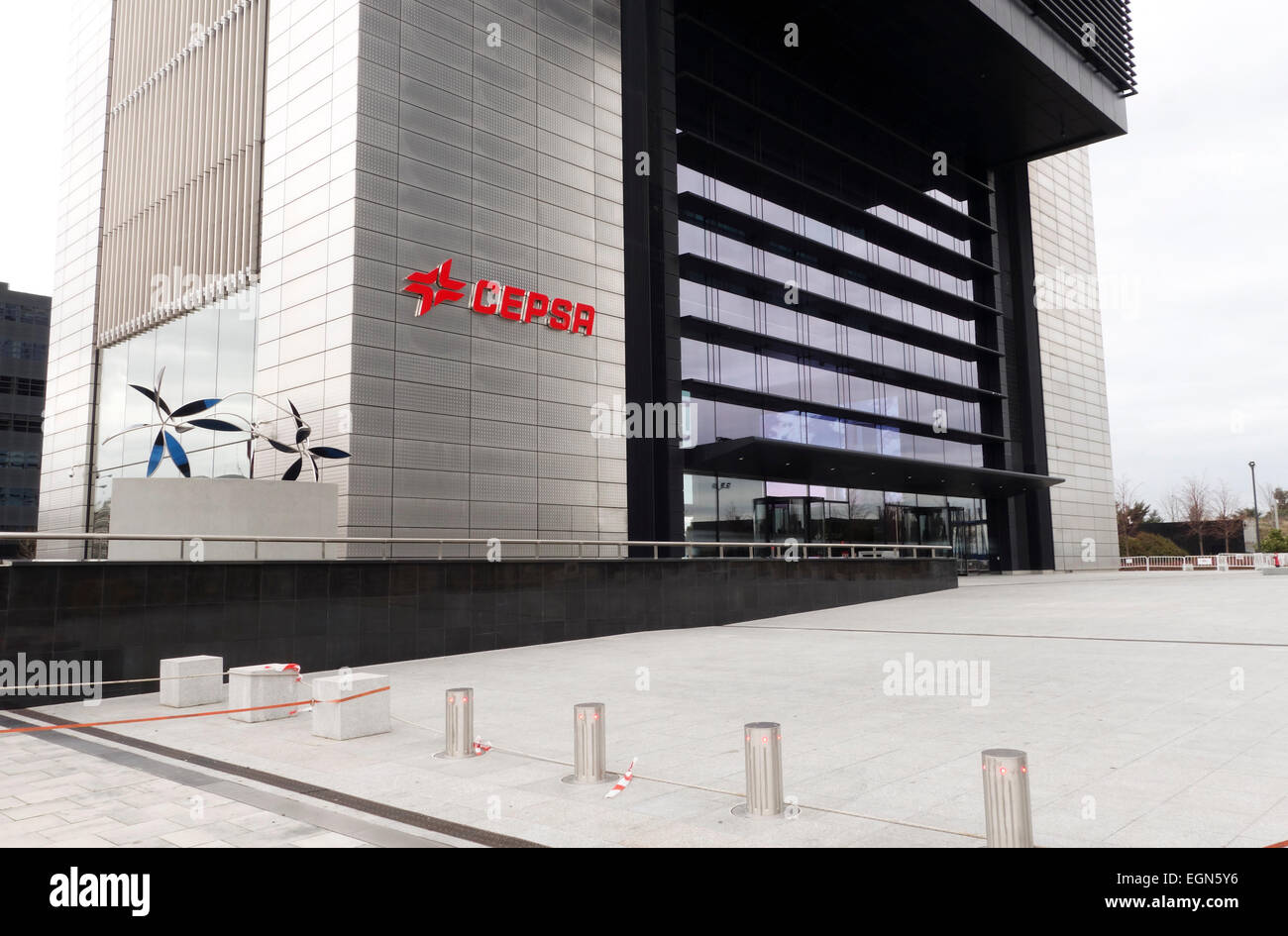 Entrance of Torre Bankia, Torre CEPSA, Cuatro Torres Business Area, Four Towers, skyscrapers Madrid, Spain Stock Photo