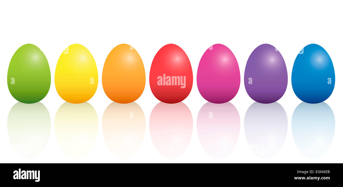 Seven easter eggs in rank and file in basic colors with reflection on the white floor. Stock Photo