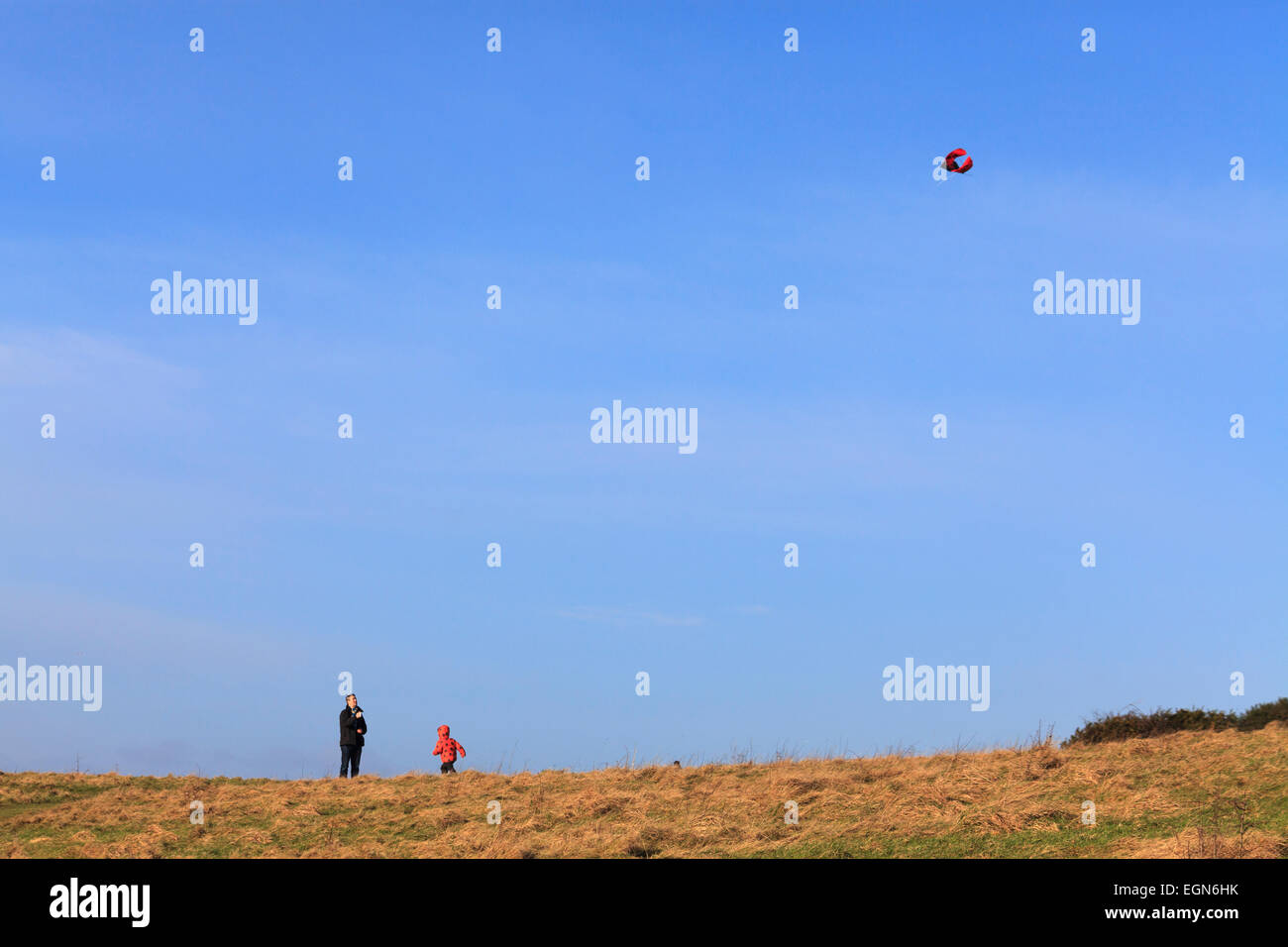 Father and child playing with kite on hillside against blue sky Stock Photo
