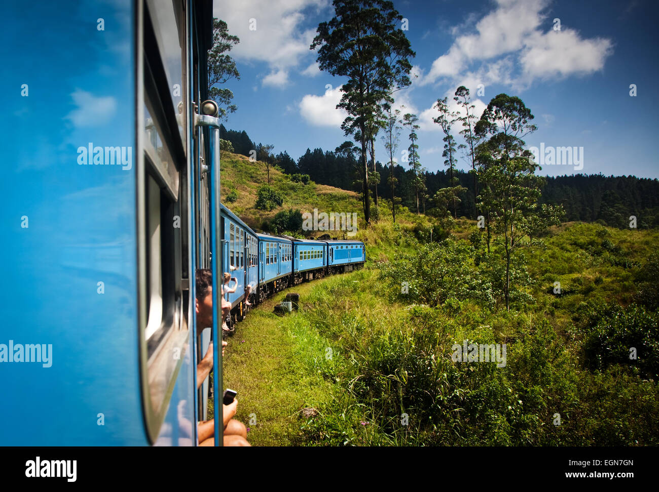 train from Nuwara Eliya to Kandy among tea plantations in the highlands of Sri Lanka Stock Photo