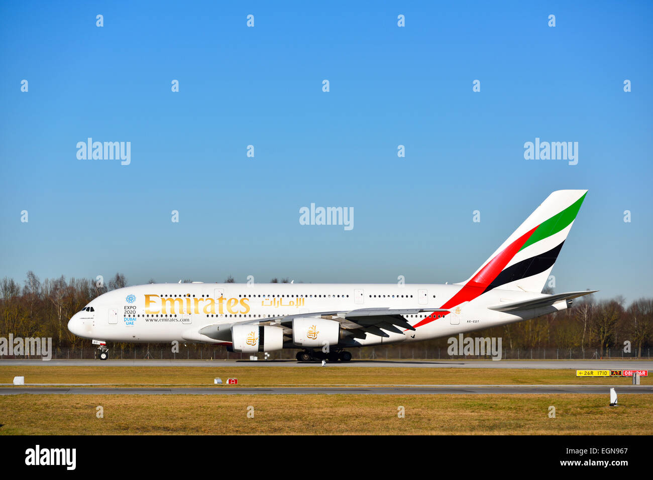 emirates, airbus, a 380, landing, track, Stock Photo