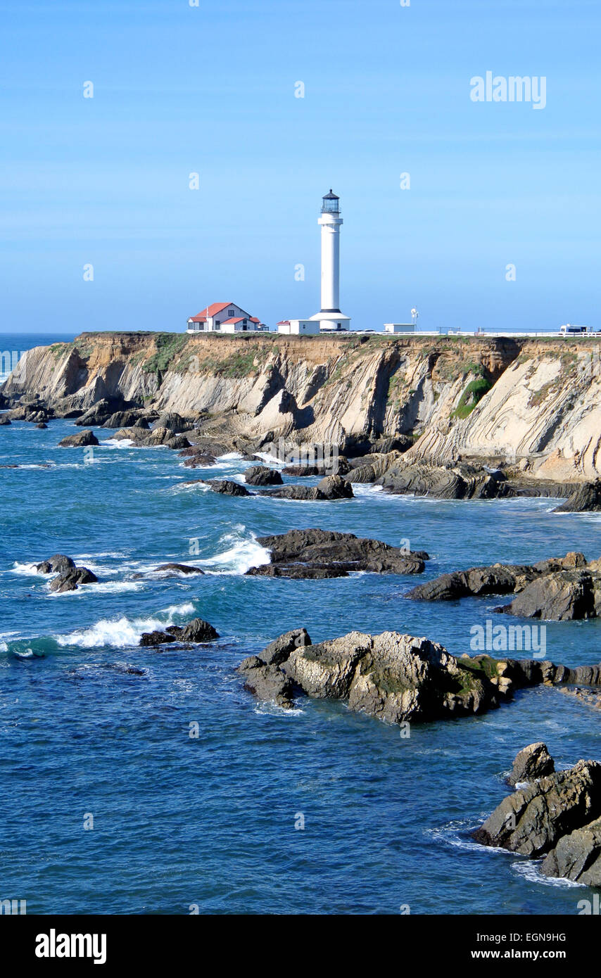 view of Pt. Arena lighthouse on the California coast in Mendocino County Stock Photo
