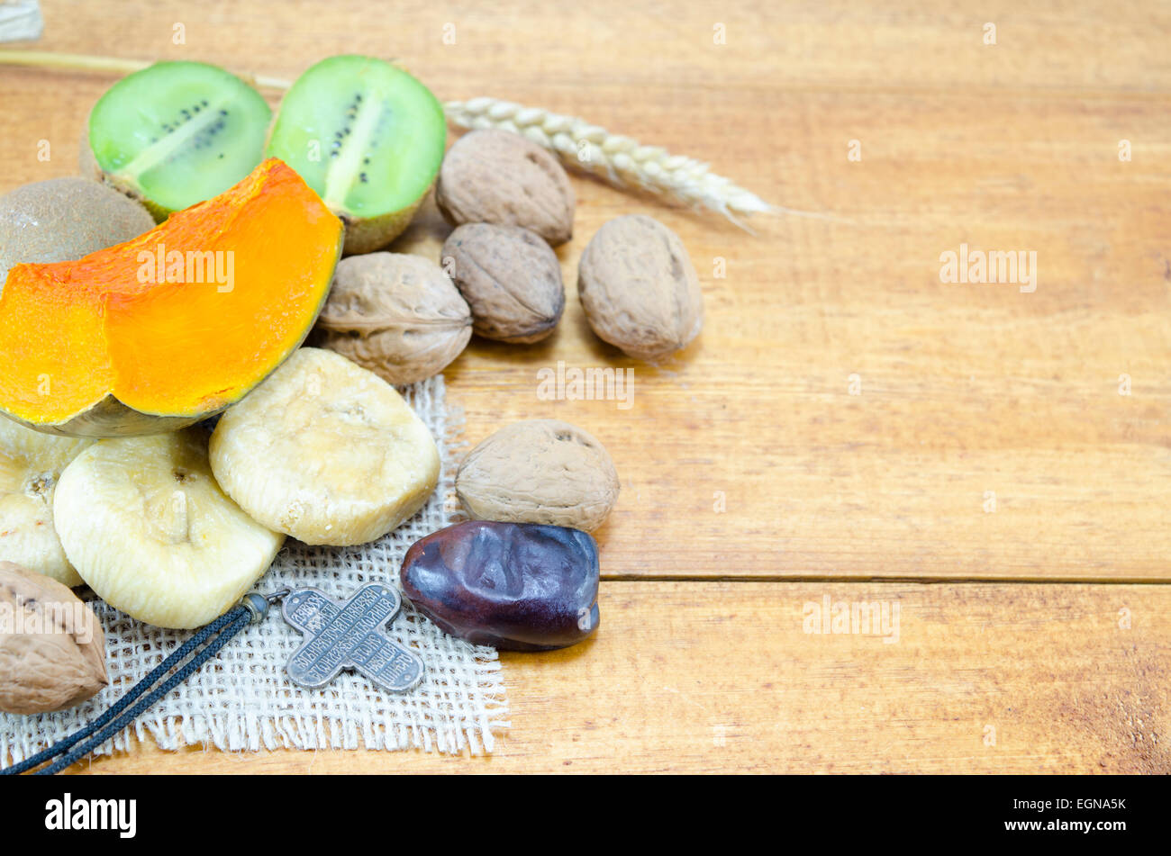 Orthodox Christmas offerings including pumpkin, figs, walnuts and wheat Stock Photo