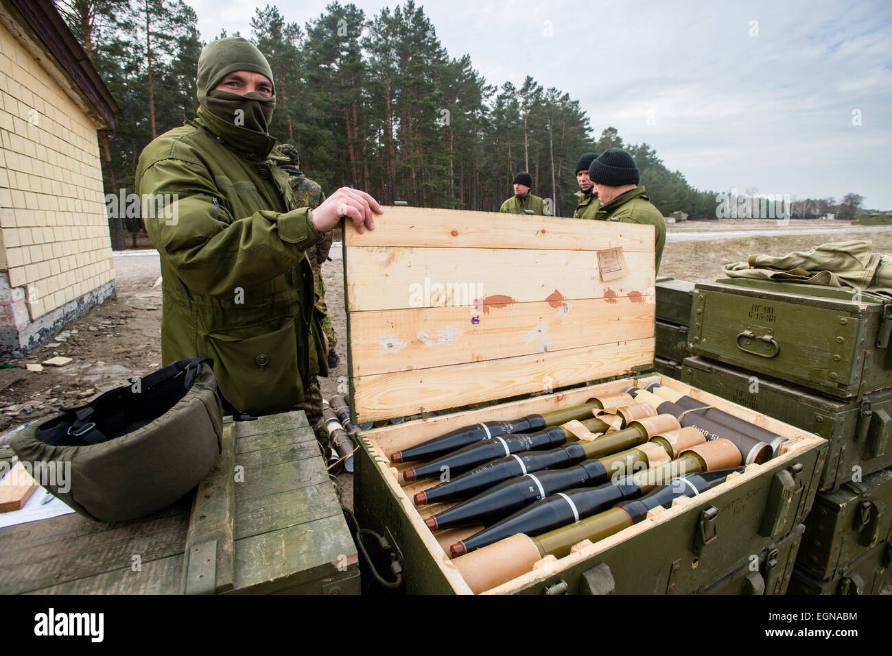 Soldier showing rockets for SPG recoilless gun using for firing training with SPG recoilless guns and Kalashnikov guns at the 169th Training center of Ukrainian Ground Forces, biggest military training formation in Ukraine, at Desna closed cantonment town, Ukraine. 25 of February. Photo by Oleksandr Rupeta Stock Photo