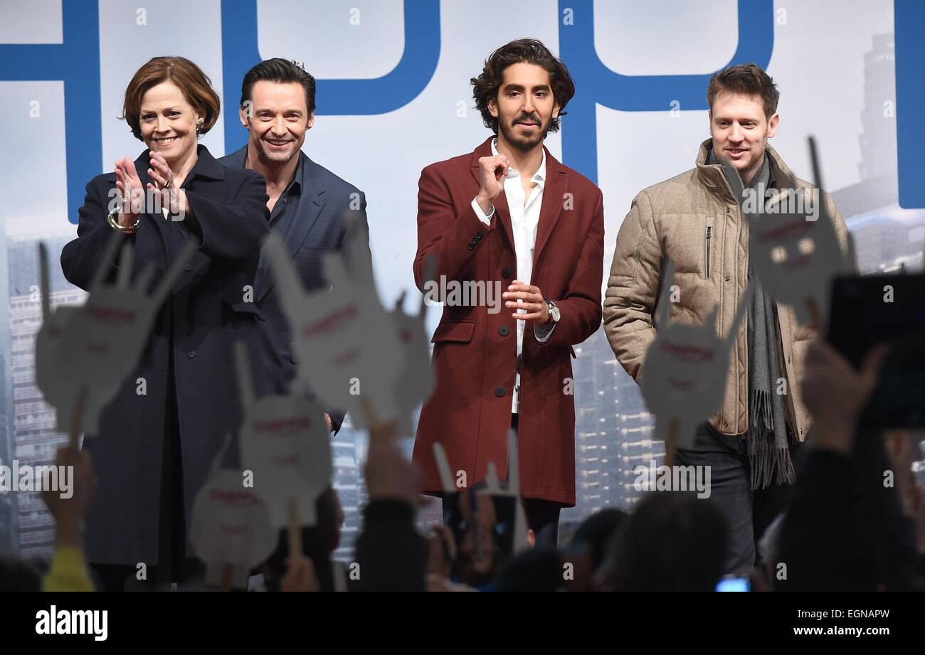 US actress Sigourney Weaver (l-r), Australian actor Hugh Jackman , British actor Dev Patel  and South African director Neill Blomkamp attend the fan event for their new film 'Chappie' in Berlin, Germany, 27 February 2015. The film starts in German cinemas on 5 March 2015. Photo:  Britta Pedersen/dpa Stock Photo