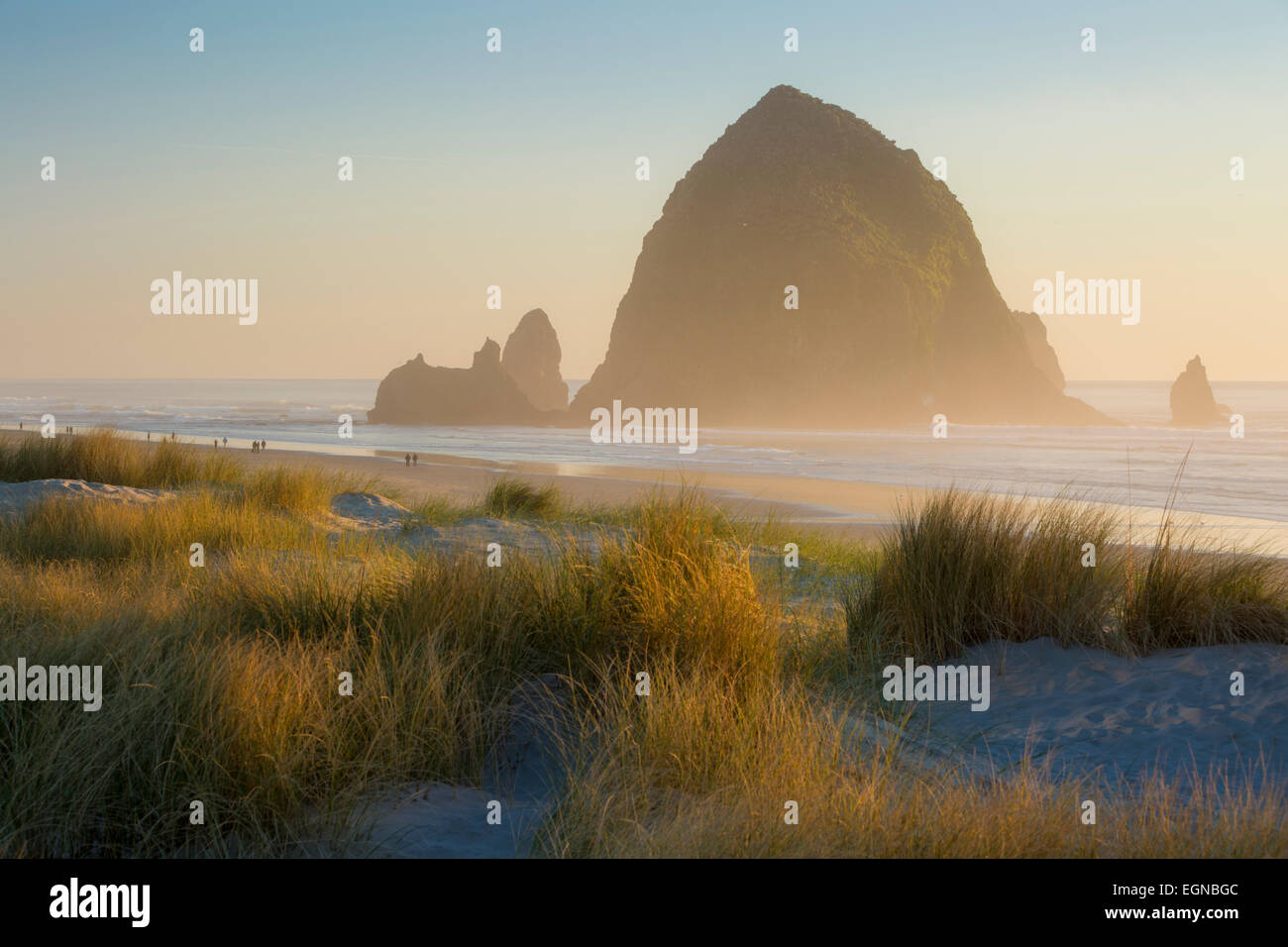 Evening sunlight over Haystack Rock and the Cannon Beach, Oregon, USA