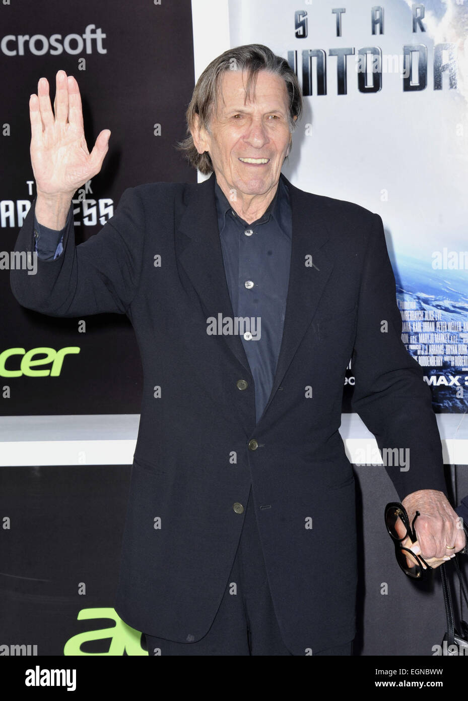 File. 27th Feb, 2015. LEONARD NIMOY, the actor who won a global following as Mr. Spock, the alien first officer of the Starship Enterprise in the television and movie series 'Star Trek, ' died on Friday morning at his home in the Bel Air, Los Angeles. He was 83. His wife, Susan Bay Nimoy, confirmed his death, saying the cause was end-stage chronic obstructive pulmonary disease. Pictured - May 14, 2013 - Los Angeles, California, U.S. - Leonard Nimoy attending the premiere of 'Star Trek Into Darkness.' © D. Long/Globe Photos/ZUMAPRESS.com/Alamy Live News Stock Photo