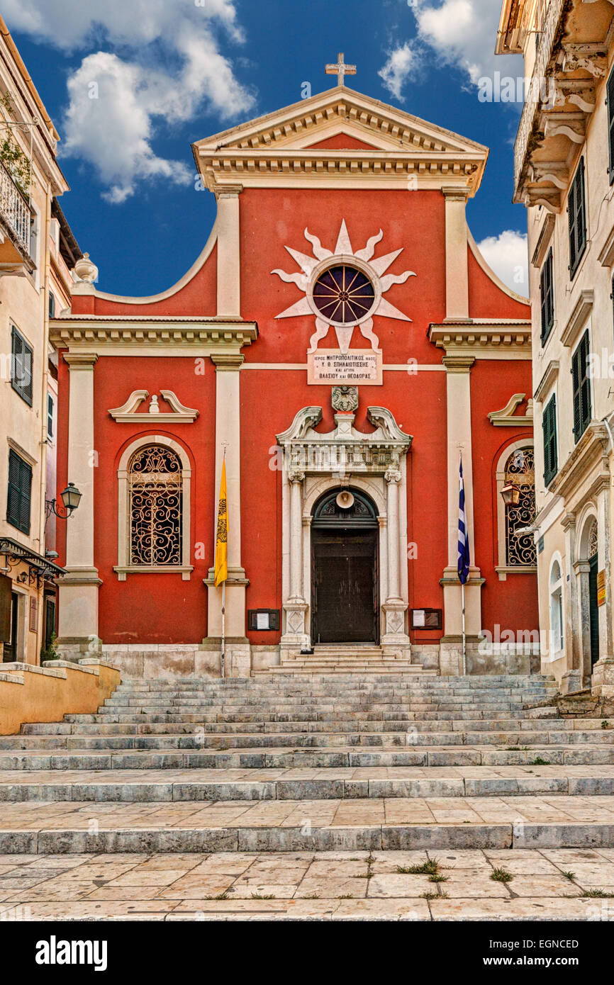 Metropolitan Church of Hyperagia Theotokos Spileotissa at the old town of Corfu, Greece Stock Photo