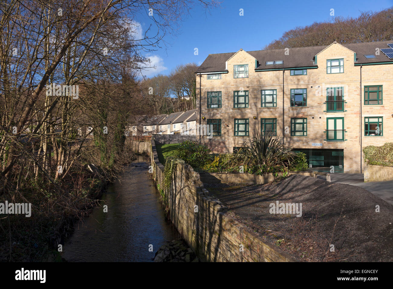 Hebble Brook Mill, now converted to apartments, Halifax, West Yorkshire Stock Photo