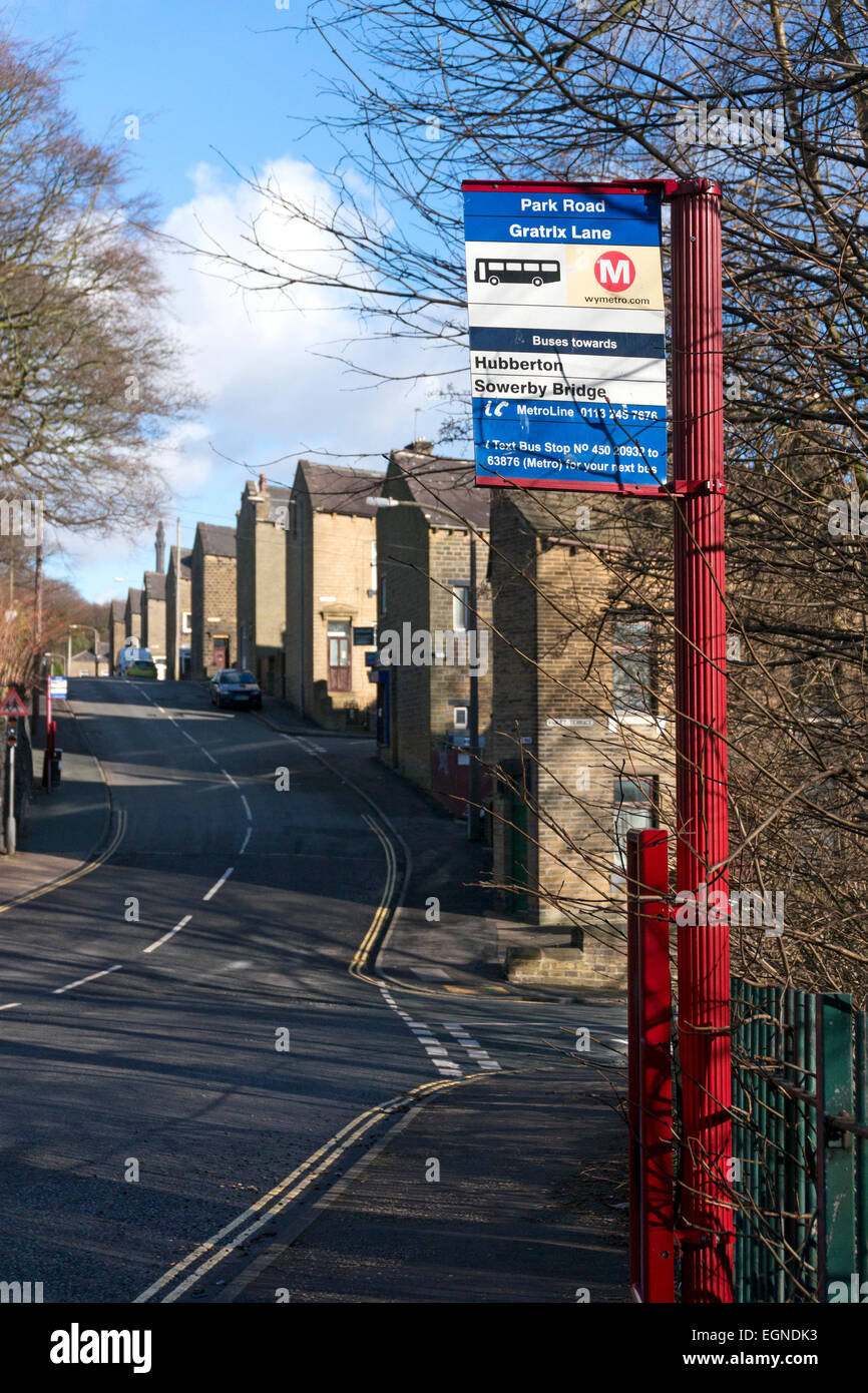 Bus stop in a side street, Sowerby Bridge, West Yorkshire Stock Photo