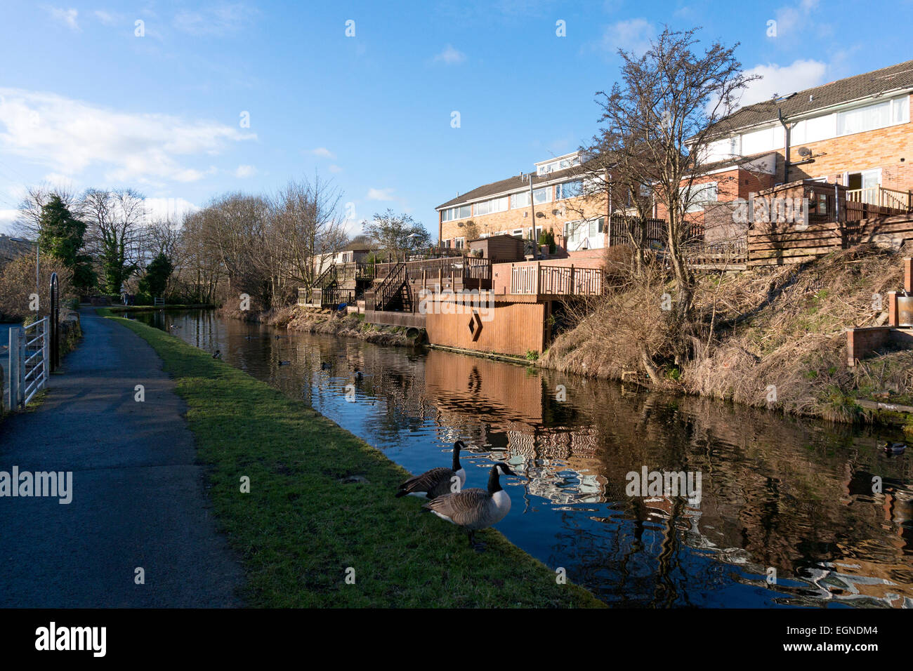 Houses with canalside terraces, Copley, West Yorkshire Stock Photo Alamy