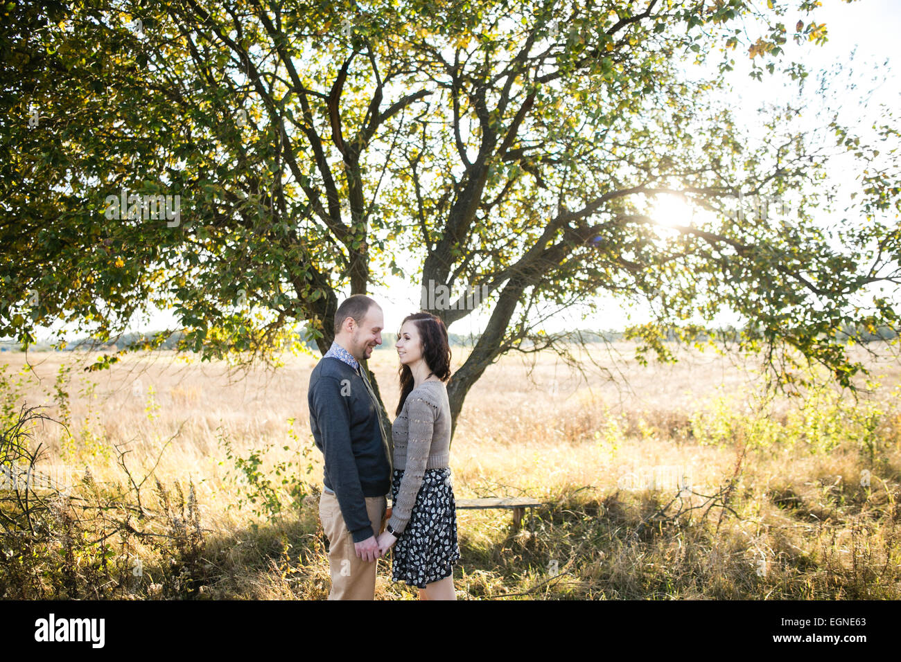 Image of a young couple holding hands while standing under a tree at autumn sunset Stock Photo