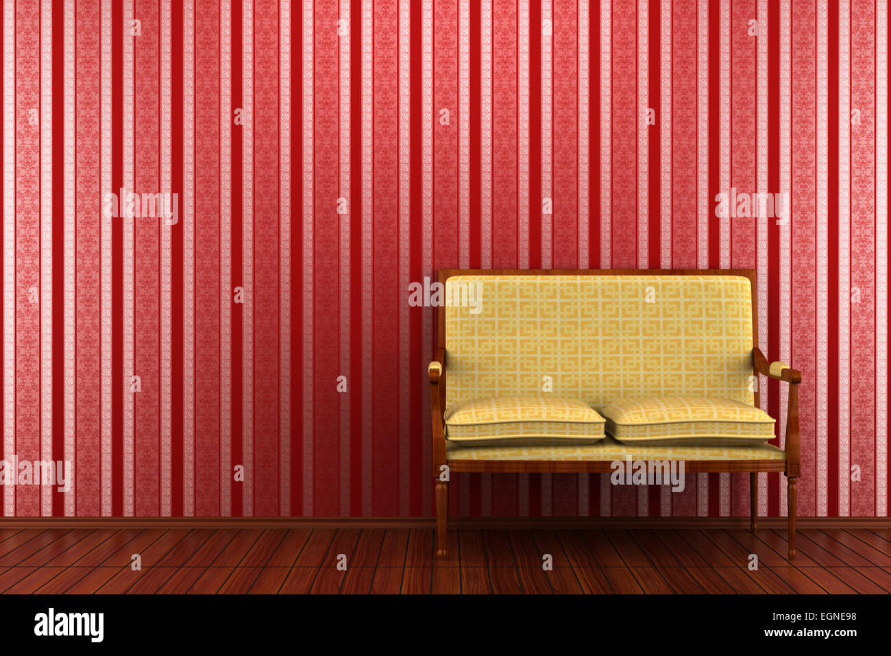yellow classic sofa in front of red striped wall Stock Photo Alamy