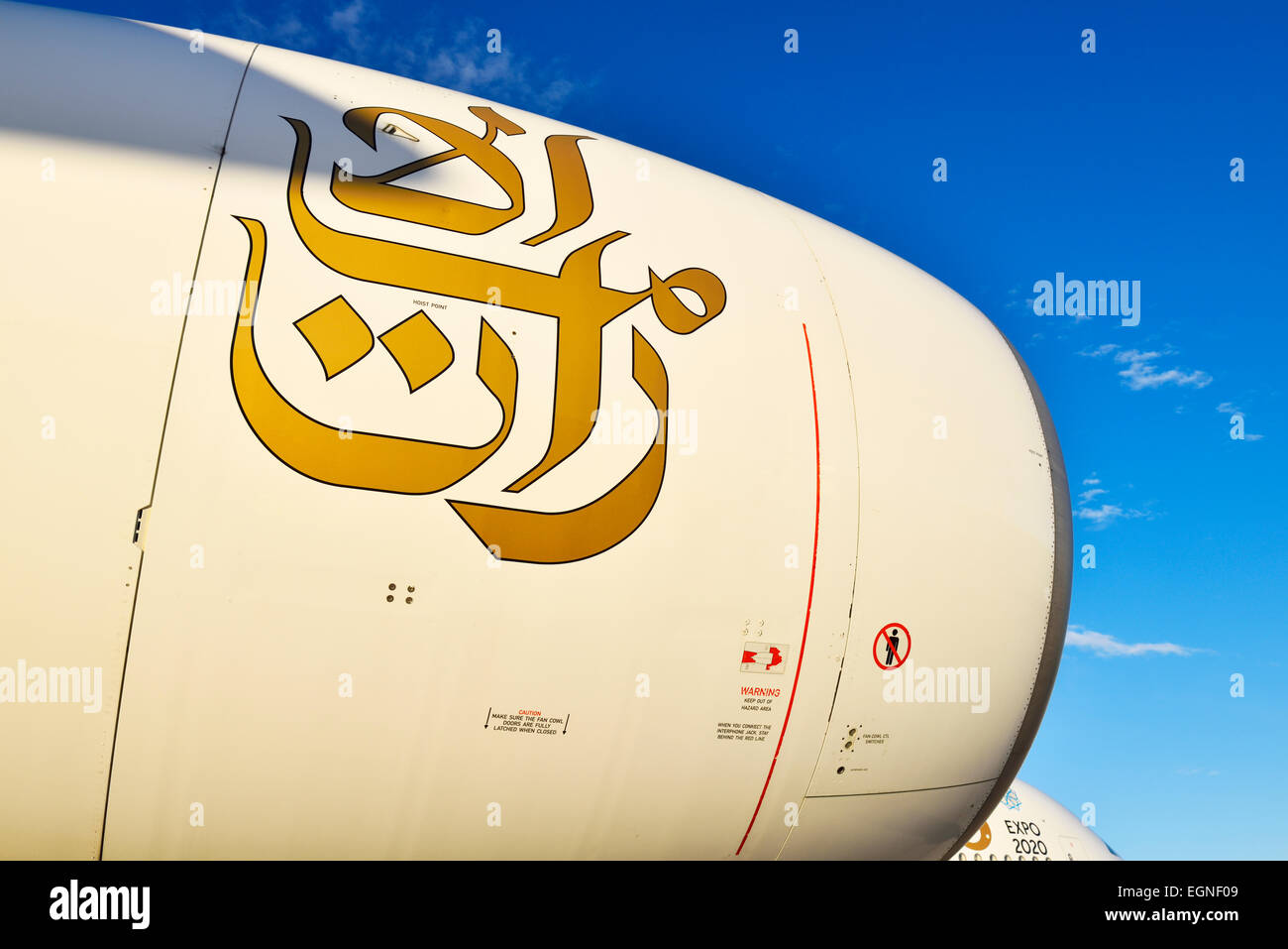 emirates, airlines, airways, airbus, a 380, aircraft, engine Stock Photo