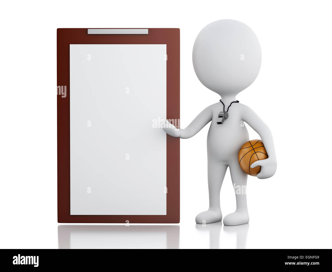 3d renderer image. White basketball coach with Clipboard and ball. Isolated white background Stock Photo
