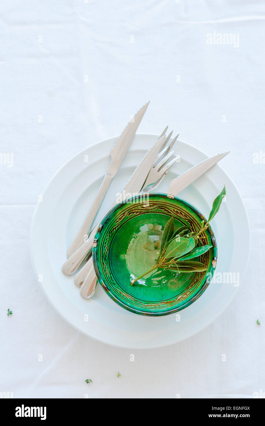 Crockery and cutlery with some bay leaves inside a green bowl Stock