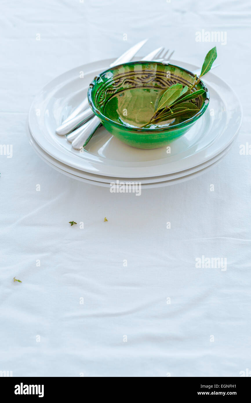 Crockery and cutlery with some bay leaves inside a green bowl Stock