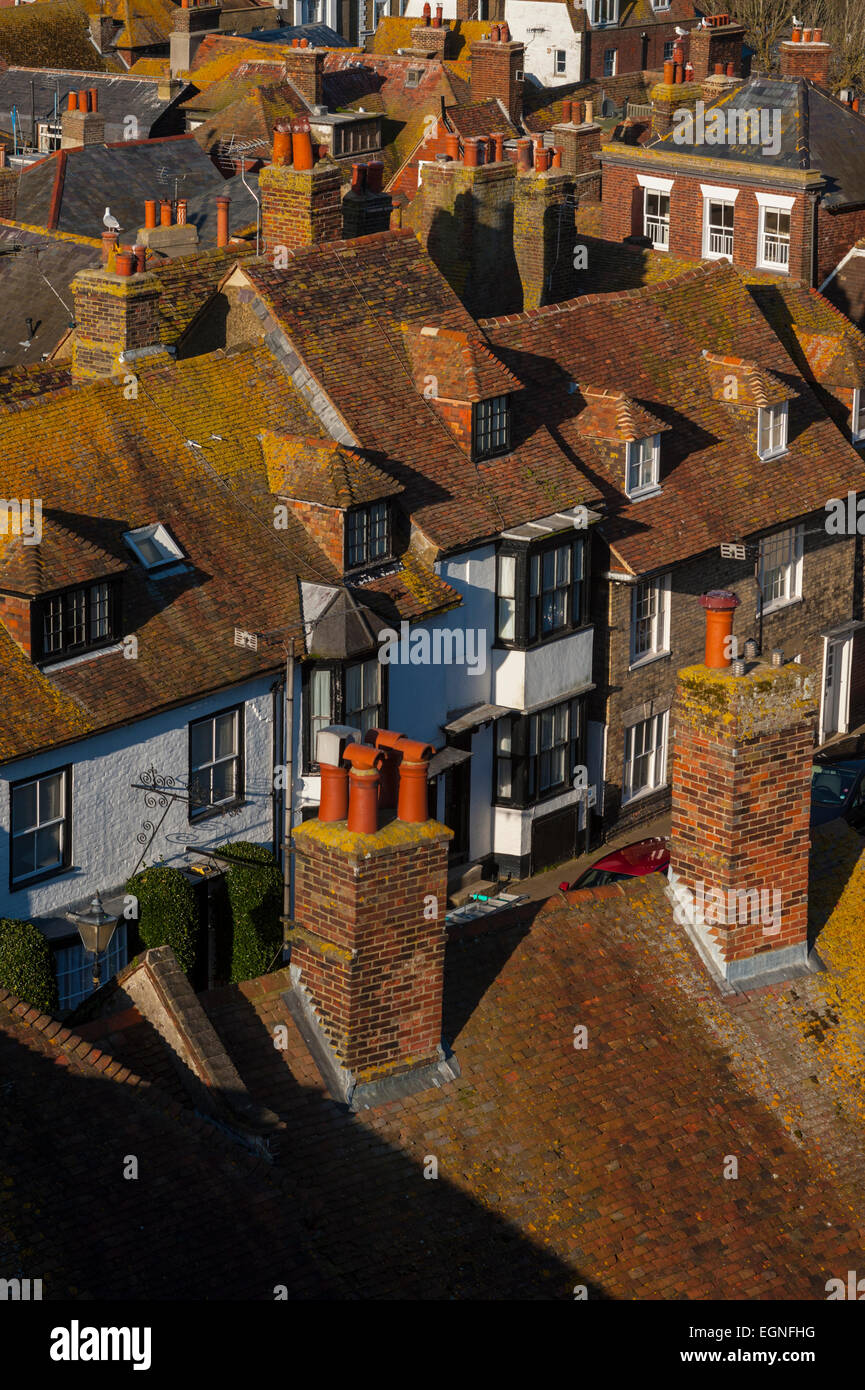 The roof tops of Rye East Sussex seen from the top of the church tower of St Mary's church rye. Stock Photo