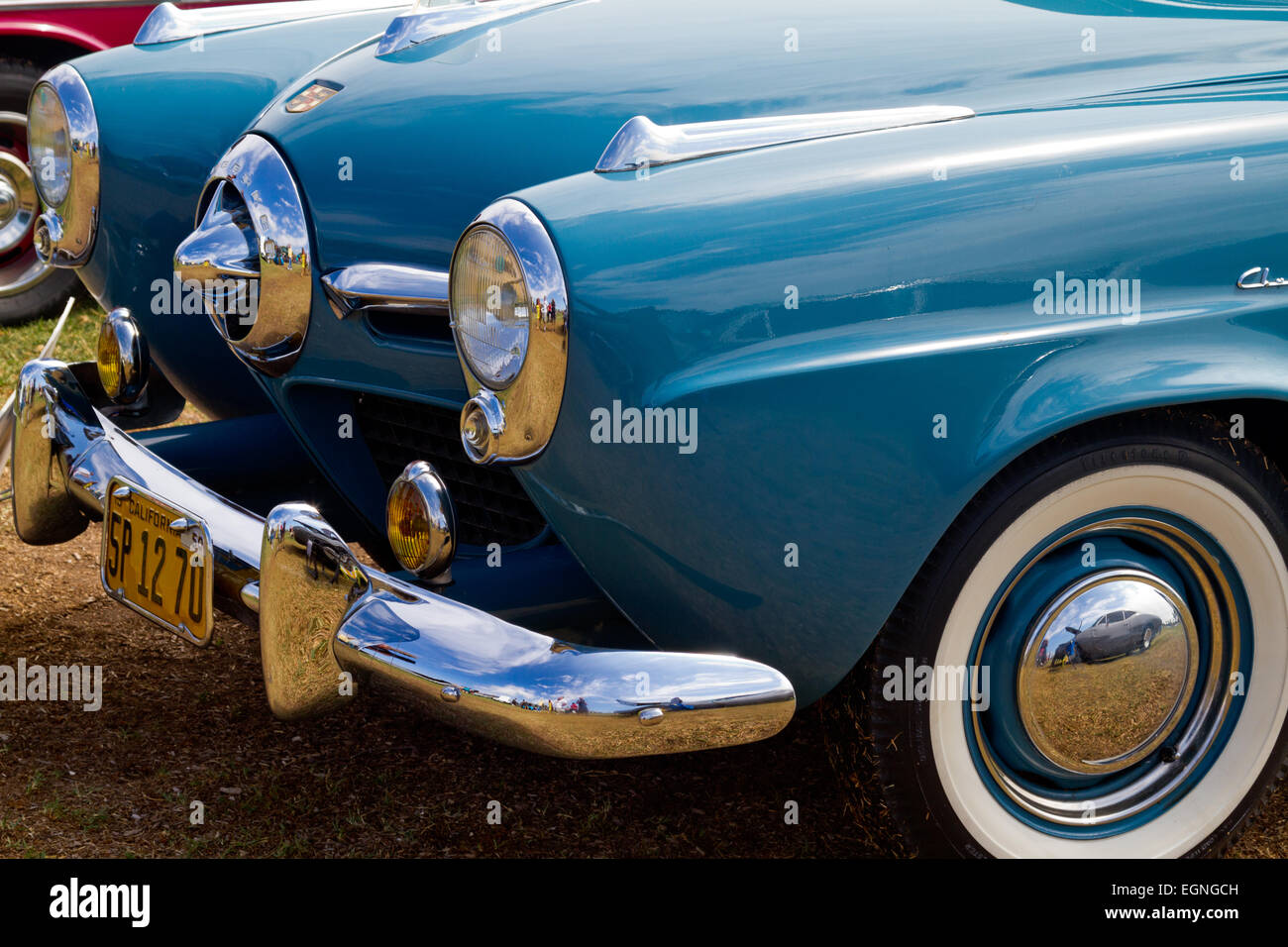 Beautifully restored classic 1950 Studebaker displayed at an auto show. Stock Photo