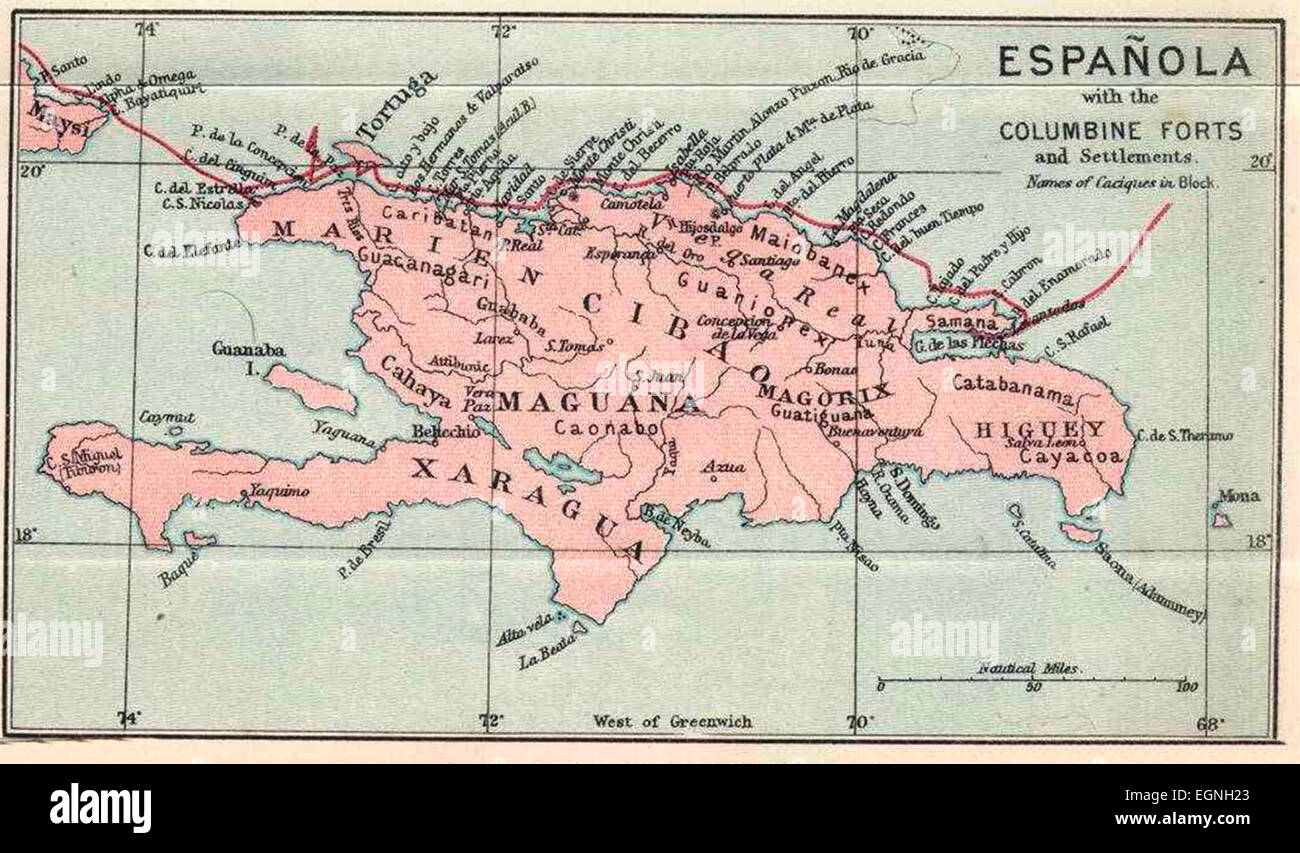 Map of Espanola (Hispaniola), circa 1600 Stock Photo